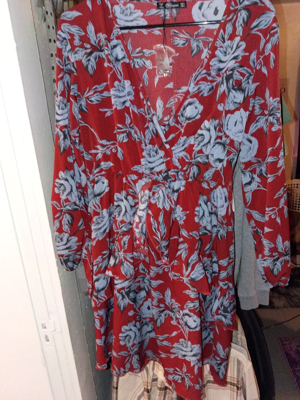 august silk Red Midi Dress with Blue Floral Print